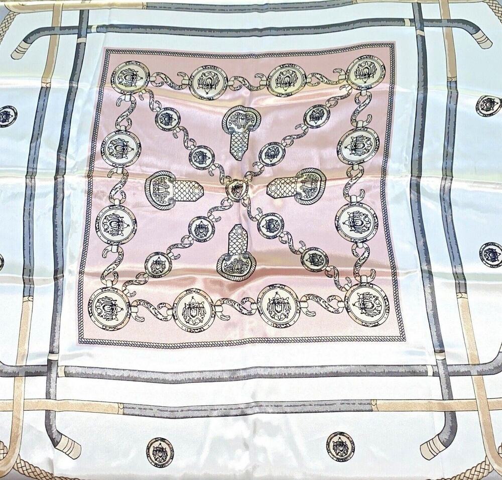 Silky feel scarf 27” square pink & gray on white designer chic motif elegant